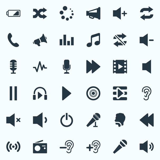 Vector Illustration Set of Simple Sound Icons. Elementos Apagar, Megáfono, Arriba Y Otros Sinónimos Comando, Batería Silenciosa Y Baja
. - Vector, imagen