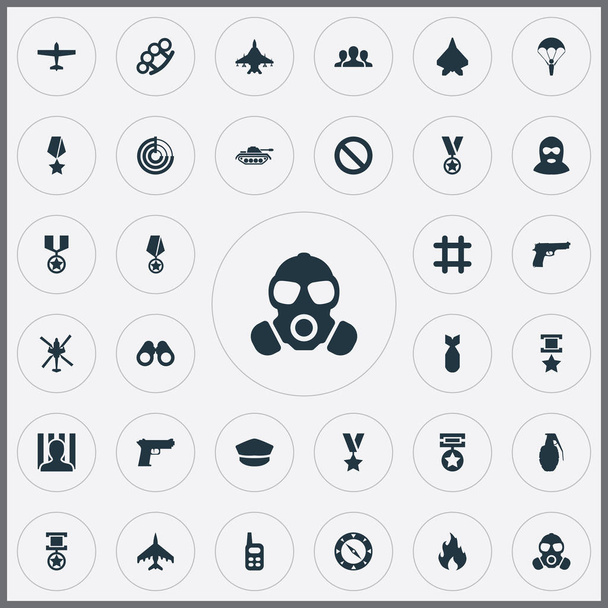 Vector Illustration Set of Simple Battle Icons. Elementos Avión, Terrorista, Galardonado y Otros Sinónimos Recompensa, Transporte y Explosión
. - Vector, Imagen