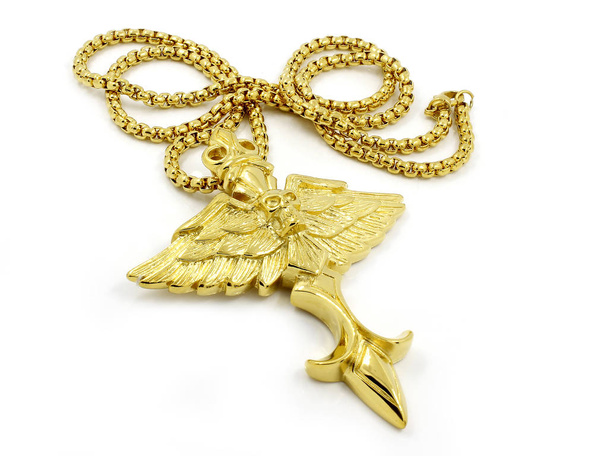 Χρυσό κολιέ - φτερά και κρανίο - από ανοξείδωτο χάλυβα - Φωτογραφία, εικόνα