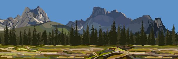 painted the background a mountain landscape with pine forest - Vector, imagen