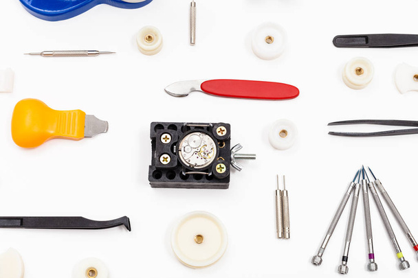 equipment for repairing watch on white - Foto, Bild