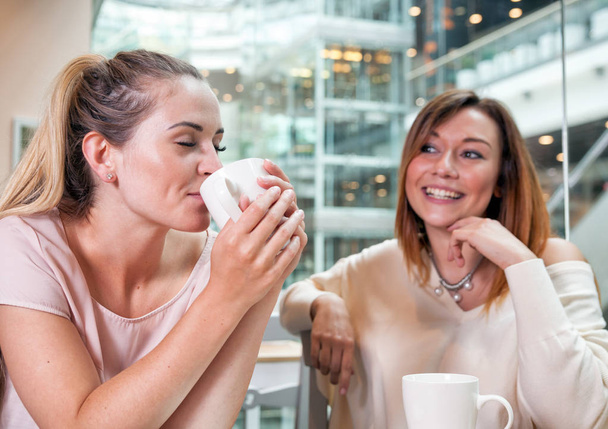 Dos amigas chicas hablando y riendo durante la reunión en la cafetería en el centro comercial
 - Foto, Imagen
