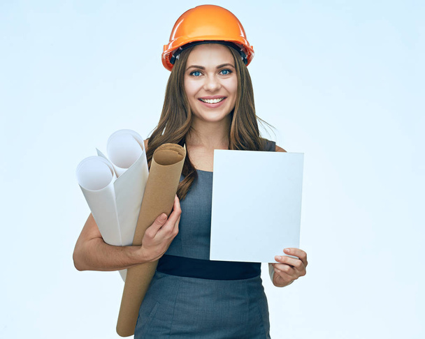 businesswoman holding advertising banner and blueprints - Foto, immagini