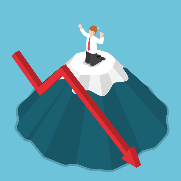 Isometric businessman stuck on the top of mountain. - Vector, Image