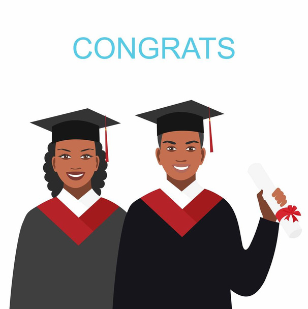Dziewczyna i chłopak African-American wygląd absolwentów w suknie - Wektor, obraz