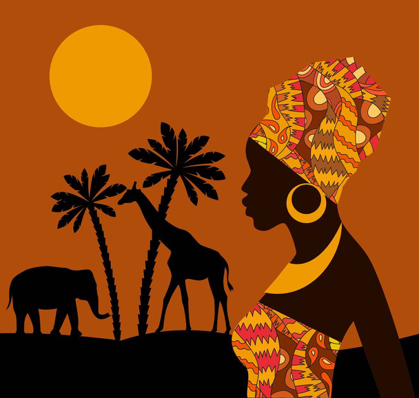 Tropical landscape. Beautiful black woman. African savannah card - Vector, Image
