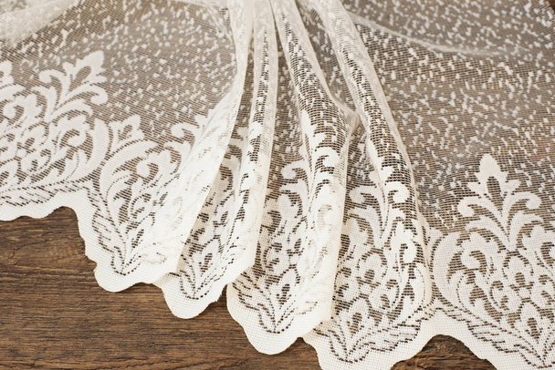 Close up of Beautiful White Tulle. Sheer Curtains Fabric Sample. Texture, Background, Pattern. Wedding Concept. Interior Design. Vintage Lace Tulle Chiffon - Фото, изображение