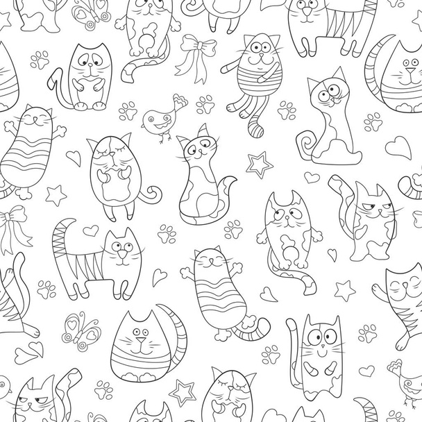 Seamless pattern with contour images cartoon cats , black contour on white background - Vector, Imagen