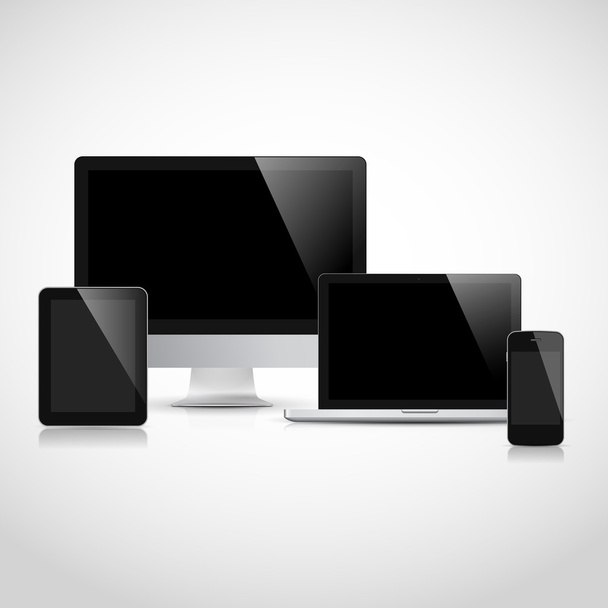 Реалистичный векторный ноутбук, планшетный компьютер, монитор и шаблон мобильного телефона - Вектор,изображение