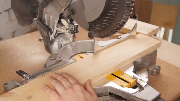 Elektrische cirkelzaag snijden stuk hout in de zagerij - Video