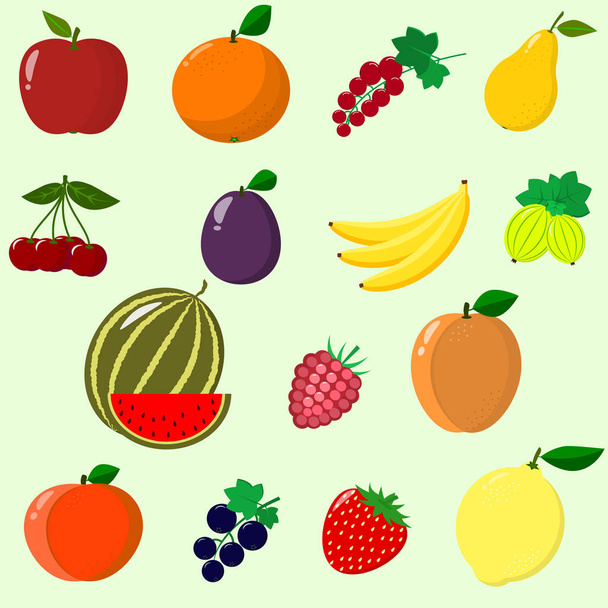 Fruits and berries collected in a set. - Vector, Imagen