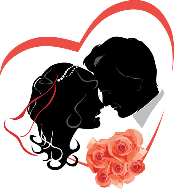 Newlyweds with bouquet of roses. Wedding icon - Vektor, obrázek