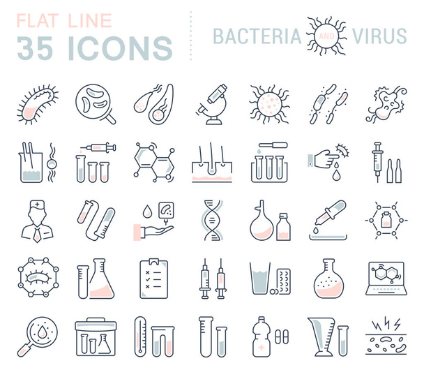 Set Vector Flat Line Icons Bacteria and Virus - Vector, Image
