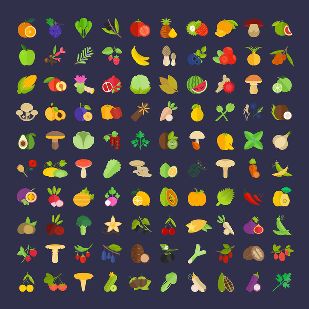 Set Vector Illustration of Berries, Fruits, Vegetables and Mushr - Vector, Image