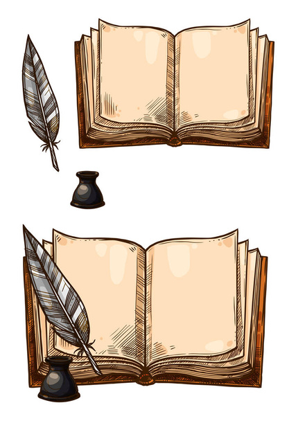 Παλιά βιβλία του φορέα και το μελάνι στυλό πένα φτερό - Διάνυσμα, εικόνα
