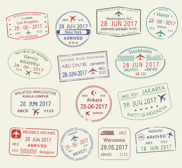 Vector icons of city passport stamps world travel - Vector, Image