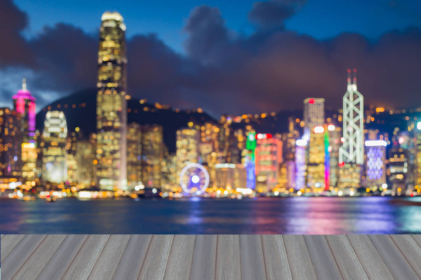 Sea front Hong Kong blurred bokeh light business downtown - Photo, Image