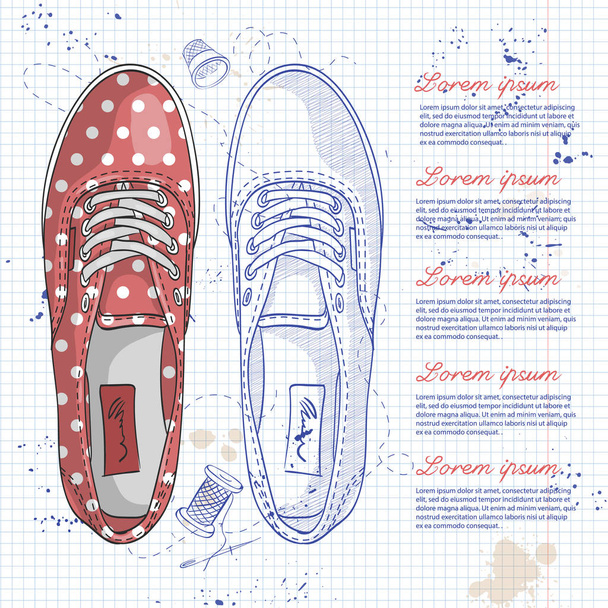 Vector sketch, color womens polka-off sneakers on a notebook page - Vektör, Görsel