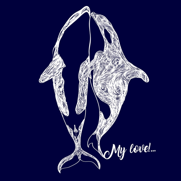 family of killer whales swim breathing together inside ocean a hand drawn drawing translated into a vector. - Vector, Image