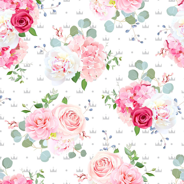 Patrón vectorial sin costuras con peonía, rosa, hortensia y textura
 - Vector, Imagen
