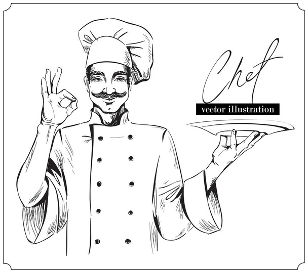 lächelnder und glücklicher Koch mit Teller. Vektor handgezeichnete Illustration auf weißem Hintergrund. - Vektor, Bild
