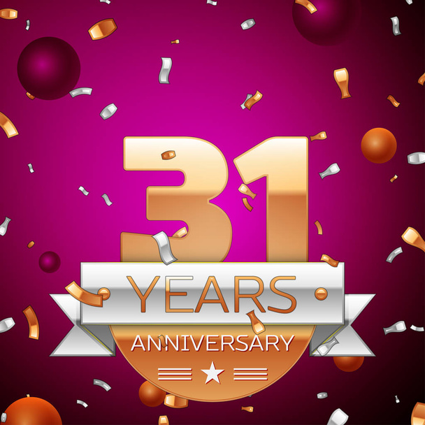 Realistic Thirty one Years Anniversary Celebration Design. Golden numbers and silver ribbon, confetti on purple background. Colorful Vector template elements for your birthday party - Vector, Image