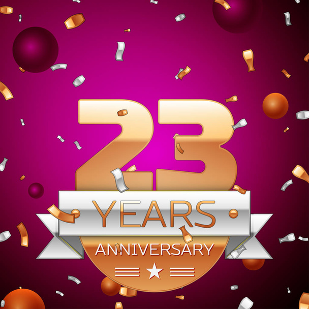 現実的な 20 3 年記念日お祝いデザイン。ゴールデン番号とシルバー リボン、紫色の背景に紙吹雪。あなたの誕生日パーティーのためのカラフルなベクトル テンプレート要素 - ベクター画像