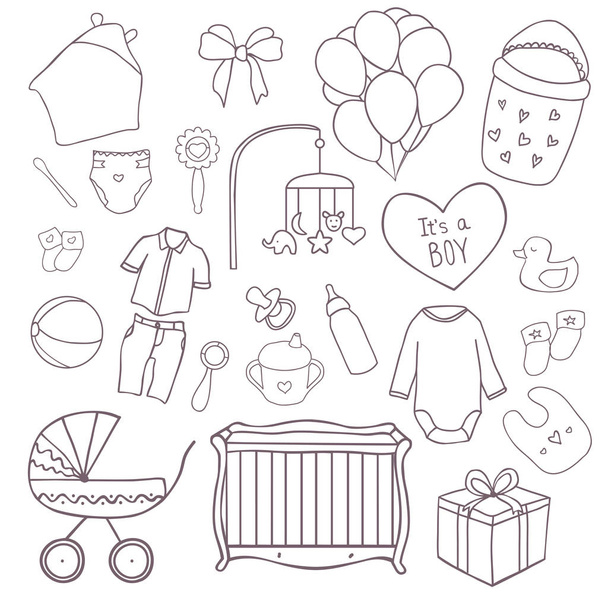 Baby boy set of elements isolated on white background. Outline hand drawn doodle icons - Vettoriali, immagini