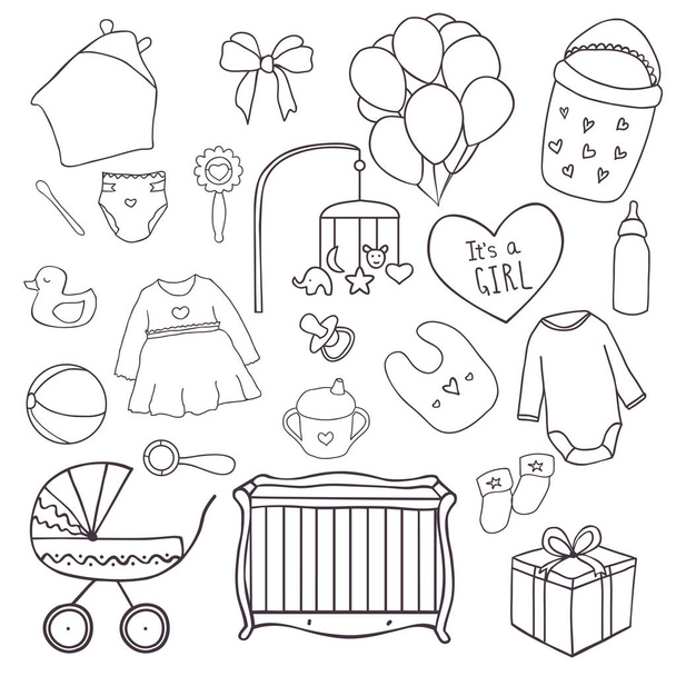 Baby girl set of elements isolated on white background. Outline hand drawn doodle icons - Vettoriali, immagini