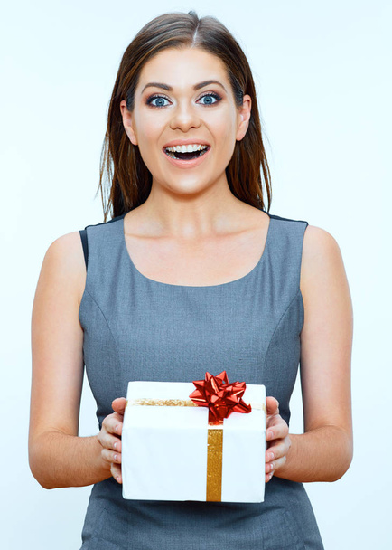 Happy business woman isolated portrait with gift box. - Photo, Image