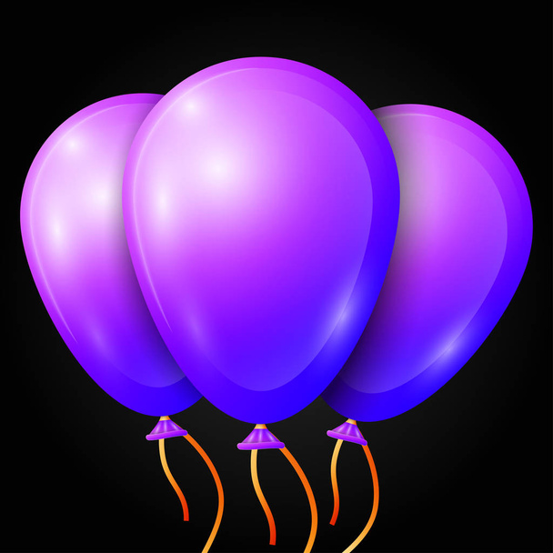 Globos púrpura realistas con cinta aislada sobre fondo negro. Ilustración vectorial de brillantes globos brillantes de colores
 - Vector, Imagen