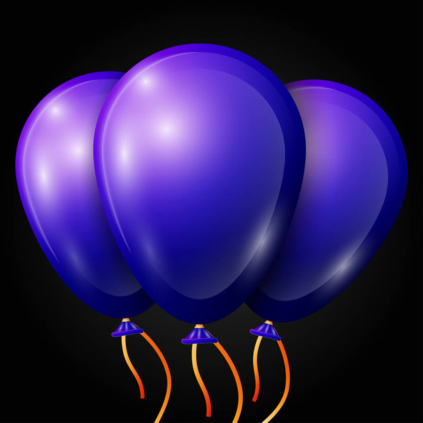 Realistic blue balloons with ribbon isolated on black background. Vector illustration of shiny colorful glossy balloons - Vector, Image