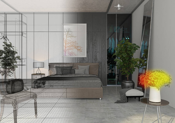 Διαμέρισμα, έργο 3d rendering, εσωτερικό, υπνοδωμάτιο, πολυτελή - Φωτογραφία, εικόνα