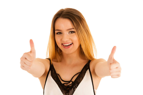 Cute young woman showing thumb up isolated over white background - Zdjęcie, obraz