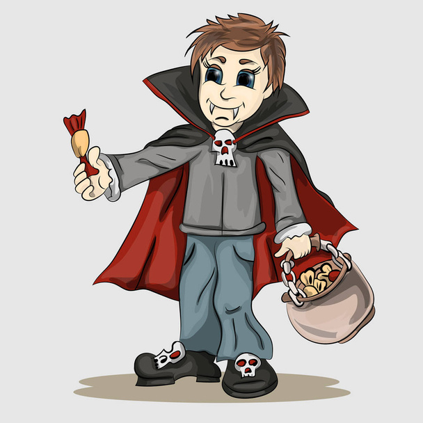 Мальчик в костюме вампира с конфетками в руках
 - Вектор,изображение