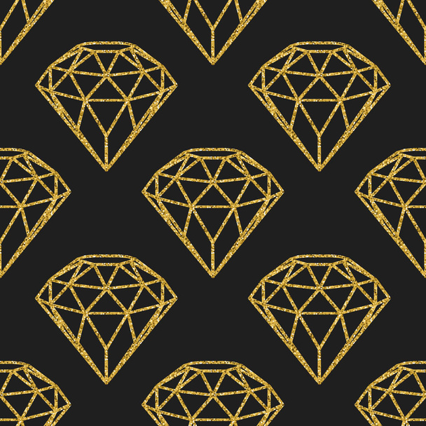 Seamless pattern of geometric golden foil diamonds on black background. Trendy hipster crystals design. - Vetor, Imagem