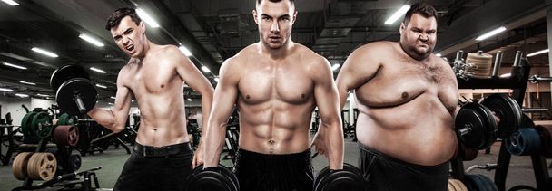 Fat, fit and athletic men. Ectomorph, mesomorph and endomorph. Sport concept. Before and after result. Group of three young sports men - fitness models holds the dumbbell in gym. - Φωτογραφία, εικόνα