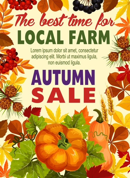 Φθινόπωρο Πώληση αφίσα του αγροκτήματος συγκομιδή λαχανικών, φύλλα - Διάνυσμα, εικόνα