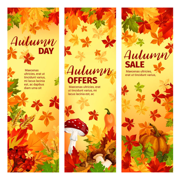 秋葉とカボチャの秋の販売バナー セット - ベクター画像