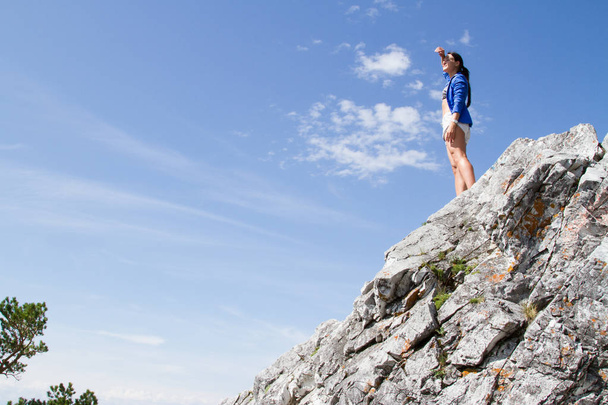 young girl conquers mountain peaks - Photo, Image