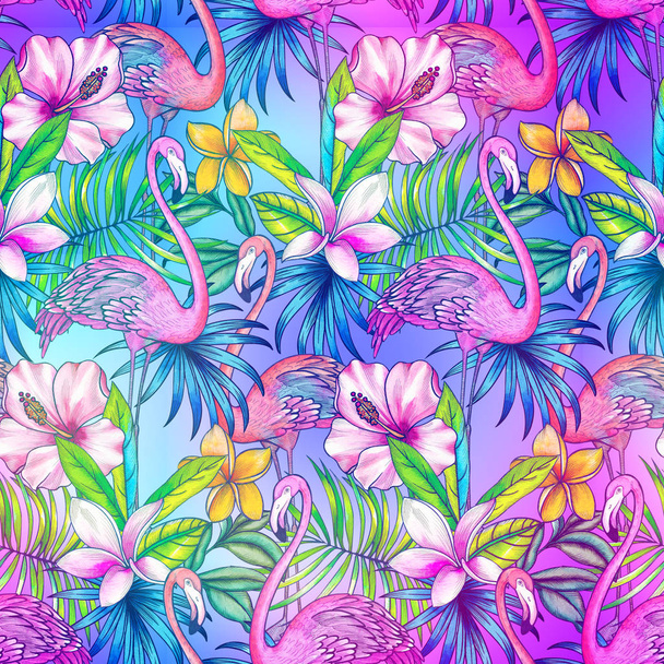 seamless pattern with tropical florals and flamingo. - Photo, Image
