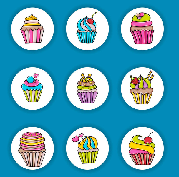 Cupcake Cartoon Doodle Icon Set. - Vektor, Bild