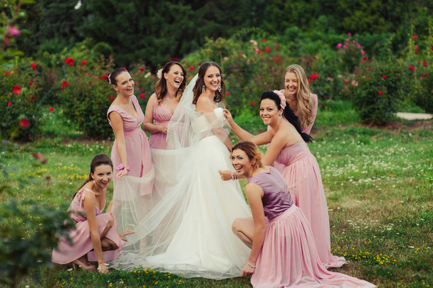 Mariée avec demoiselles d'honneur en robes roses pour une promenade
 - Photo, image
