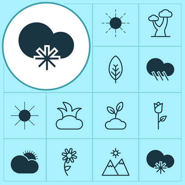 Set de iconos de paisaje. Colección de paisaje, sol, elementos de roble. También incluye símbolos tales como sol, arbusto, hoja
. - Vector, imagen