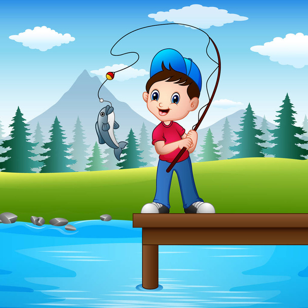Jongetje in de rivier vissen - Vector, afbeelding