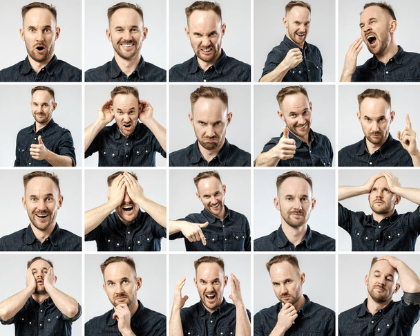 Set of young man's portraits with different emotions - Фото, изображение