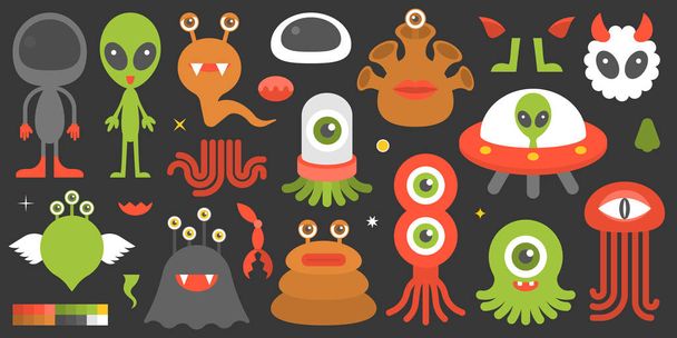 gran conjunto de lindo personaje de extraterrestres y monstruos con elemento como tentáculo, piernas, ojo, oreja y paleta de colores, adecuado para el diseño en la aplicación de juego de teléfono inteligente y tableta
 - Vector, Imagen