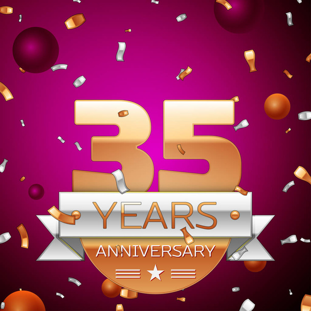 Realistic Thirty five Years Anniversary Celebration Design. Golden numbers and silver ribbon, confetti on purple background. Colorful Vector template elements for your birthday party - Vector, Image