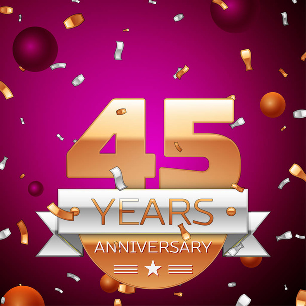 Reális negyven öt éves évforduló ünneplés Design. Arany számok és ezüst szalag, konfetti-lila háttér. Színes vektor sablon elemeit a születésnapi party - Vektor, kép