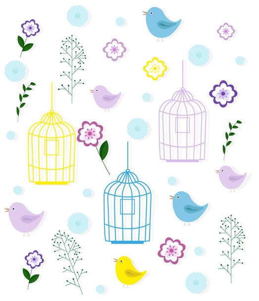 Birds cage and floral pattern. Kids childhood style Vector vintage - Vektör, Görsel